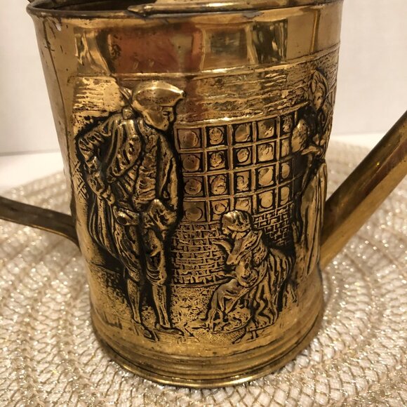 Vintage Brass Decorative Watering Can With Embossed Colonial Scene Design - Picture 4 of 14